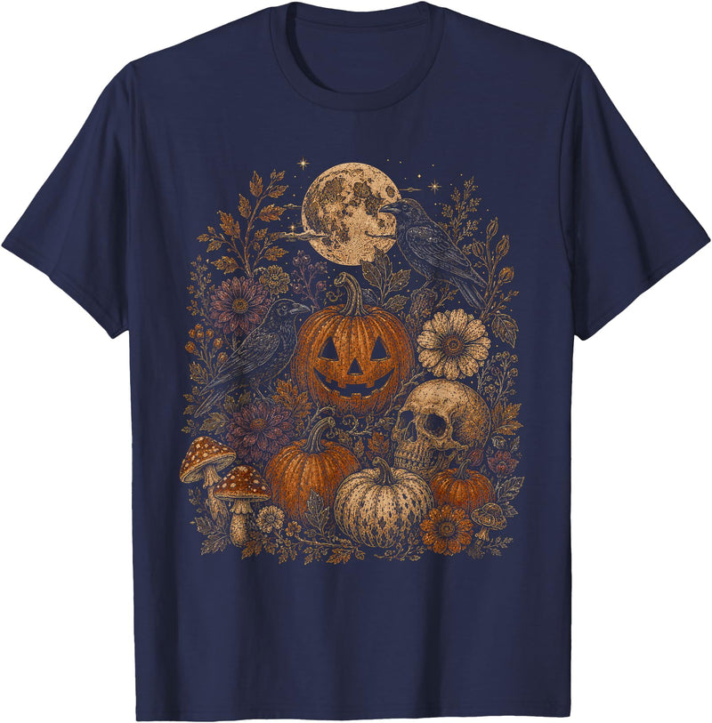 Threadrock Vintage Halloween Harvest Retro Gothic Botanical T-Shirt - Navy Blue