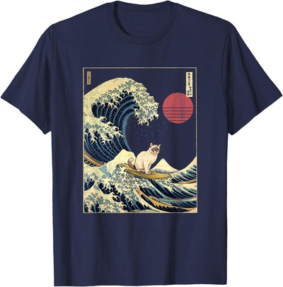 Snowshoe Cat Surfer Snowshoe Cat Kanagawa Wave Funny Surf Animal T-Shirt