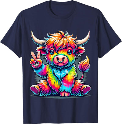 Tie Dye Highland Cow Peace Sign Hippie T-Shirt