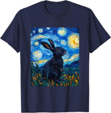 Bunny Rabbit Van Gogh Style Starry Night Cute Graphic T-Shirt in Navy Blue