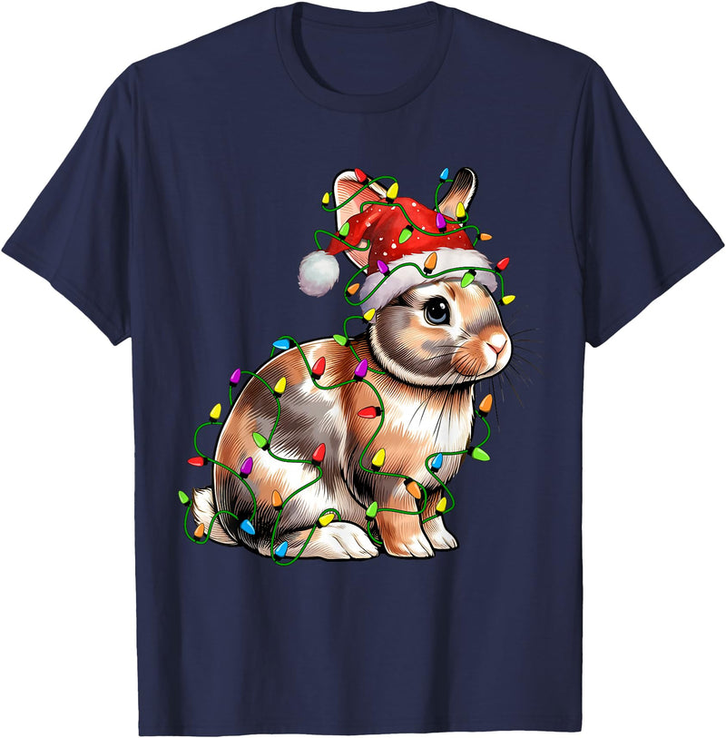 Bunny Rabbit Santa Christmas Tree Lighting Xmas Funny T-Shirt in Navy Blue