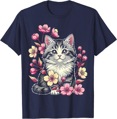 Cherry Blossom Kawaii Cat Cute Kitten Cute Kitten with Cherry Blossoms Flowers Cat Lover T-Shirt