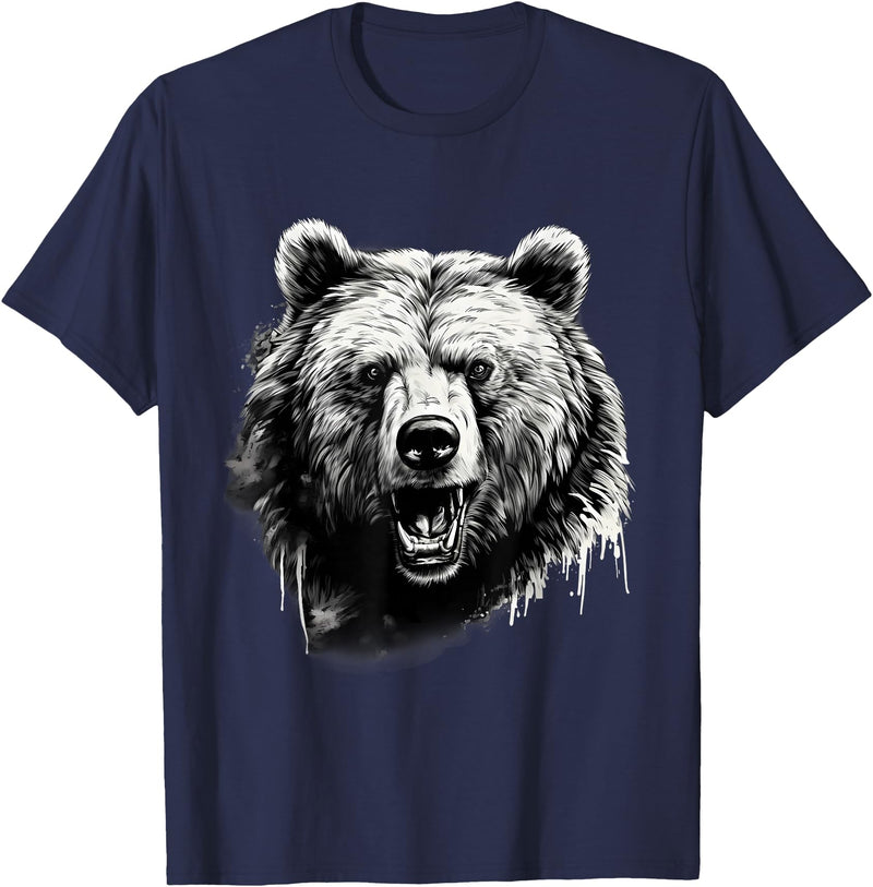 Forest Animal Art Bear Animal Art Portrait Wildlife Nature Artwork Drawing T-Shirt - Navy Blue