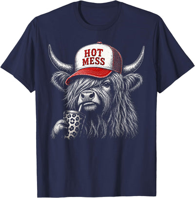 Hot Mess Highland Cow Funny Cute Coffee Lover T-Shirt