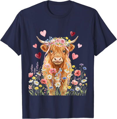 Floral Scottish Highland Cow Farm Animals Cute Women Girls T-Shirt