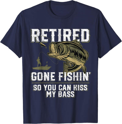 Funny Bass Fishing Shirts & Gifts For Men Retired Gone Fishin' Unisex Adult Humor Bass Fishing T-Shirt Black Medium