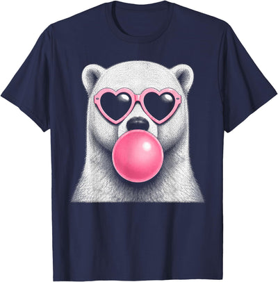 Retro Bubblegum Polar Bear Lover Polar Bear Pink Heart Sunglasses Funny Bubble Gum T-Shirt