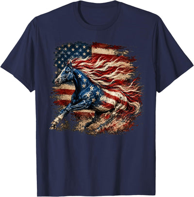 Independence Day Horse Lovers Cowgirls Horse Patriotic Equestrian 4th of July USA American Flag T-Shirt