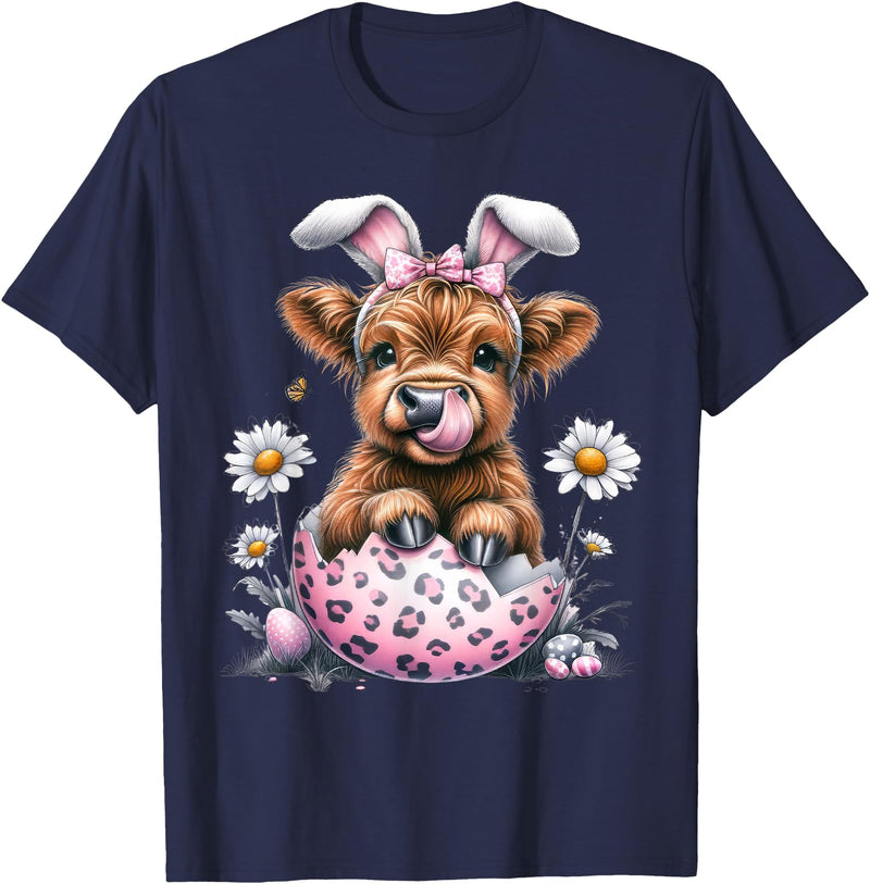Funny Cow Easter Rabbit Cute Highland Cows Lover Easter Day T-Shirt - Navy Blue