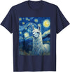 Llama Designs. Llama Alpaka Van Gogh Style Starry Night Funny Graphic T-Shirt - Navy Blue