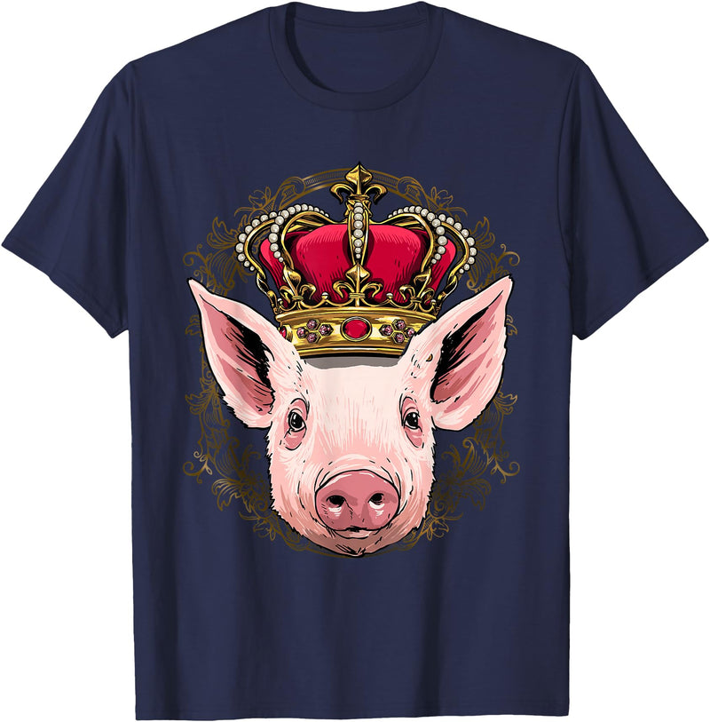 Wowsome! King Pig Wearing Crown - Queen Pig Animal T-Shirt - Navy Blue