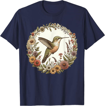Cute Cottagecore Aesthetic Bird Lover Apparel Cute Cottagecore Aesthetic Hummingbird Bird Flowers T-Shirt