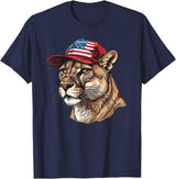 Mountain Lion Cougar Panther Catamount Designs Mountain Lion With USA Hat T-Shirt - Navy Blue