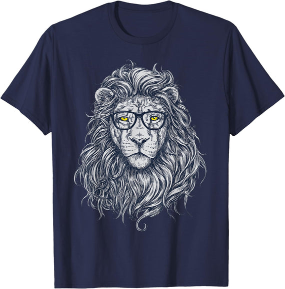 Wise Animal Cool Lion in Glasses Hipster Funny Nerd Humor T-Shirt - Navy Blue