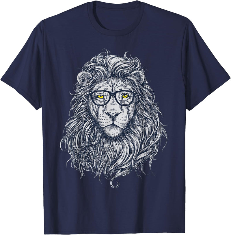 Wise Animal Cool Lion in Glasses Hipster Funny Nerd Humor T-Shirt - Navy Blue