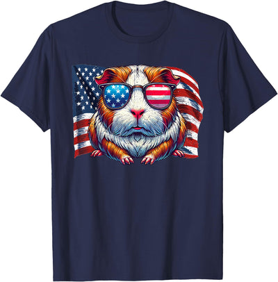 Vintage Guinea Pig Pets Owners Patriotic USA Flag Sunglasses T-Shirt