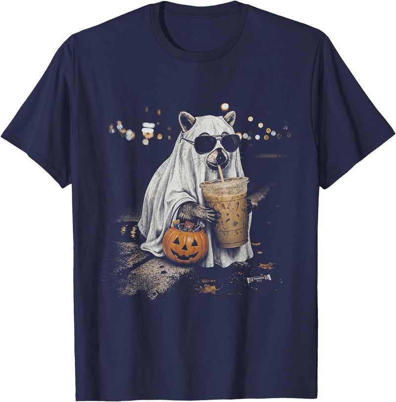 Funny Halloween Raccoon with Pumpkin and Coffee Raccoon with Pumpkin and Coffee Vintage 90s Halloween T-Shirt - Navy Blue