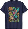FolkFlight Design Co Bird Hummingbird Floral Folk-Art Colorful T-Shirt - Navy Blue