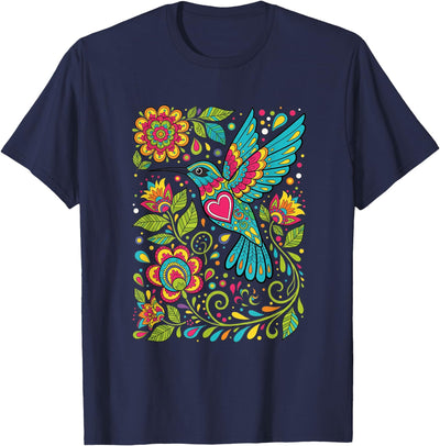 FolkFlight Design Co Bird Hummingbird Floral Folk-Art Colorful T-Shirt