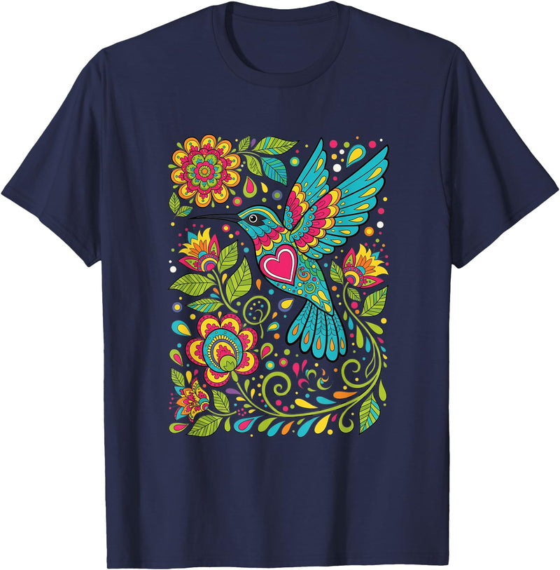 FolkFlight Design Co Bird Hummingbird Floral Folk-Art Colorful T-Shirt - Navy Blue
