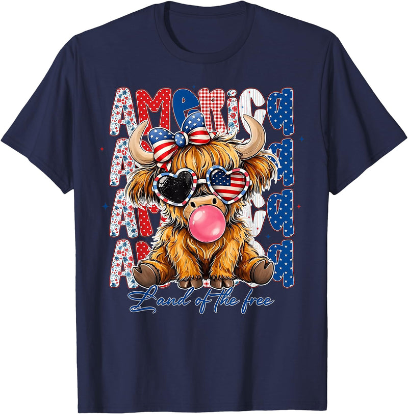 Cute Cow Creations Highland Cow 4th of July, Patriotic Cowgirl Bow Design T-Shirt - Navy Blue