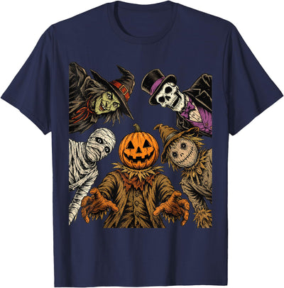 Spooky Halloween Horror Gathering Pumpkin Scarecrow Witch Mummy Skull Halloween Monsters T-Shirt