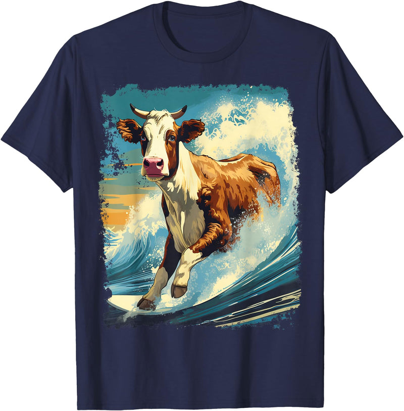 Noah&Friends Pop Art Colorful Cow Surfing T-Shirt - Navy Blue