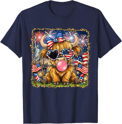 250 Years of Freedom 4th of July Highland Cow Kids Leopard T-Shirt