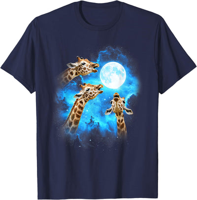 3 Giraffe Howling at The Moon Colorful Blue T-Shirt