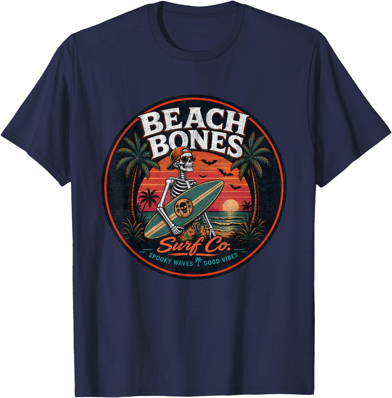 Summer Halloween Spooky Tee Co Halloween Skeleton Spooky Beach Surfer - Summer Halloween T-Shirt - Navy Blue