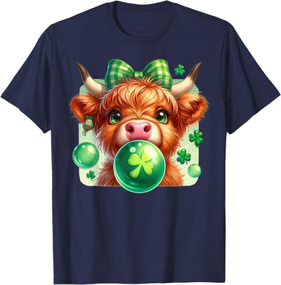Cute Highland Cow Hilarious Shamrock Themed Blowing T-Shirt