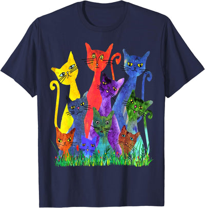 Cute Cats Watercolor - Funny Cat Colorful on grass T-Shirt