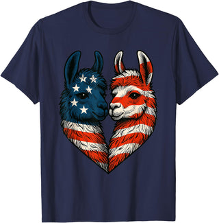Fourth of July Clothing Co. Patriotic Llamas Heart American Flag 4th of July Graphic T-Shirt - Navy Blue