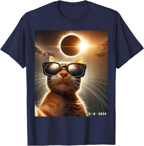 eclipse solar shirt 2024 eclipse funny cat shirt cat taking a selfie with solar 2024 eclipse wearing Glasses T-Shirt - Navy