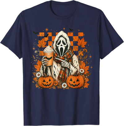 Halloween Pumpkin Ghost Autumn Leaves Graphic Cute Spooky Ghost Fall Halloween Coffee Latte Autumn Pumpkin T-Shirt