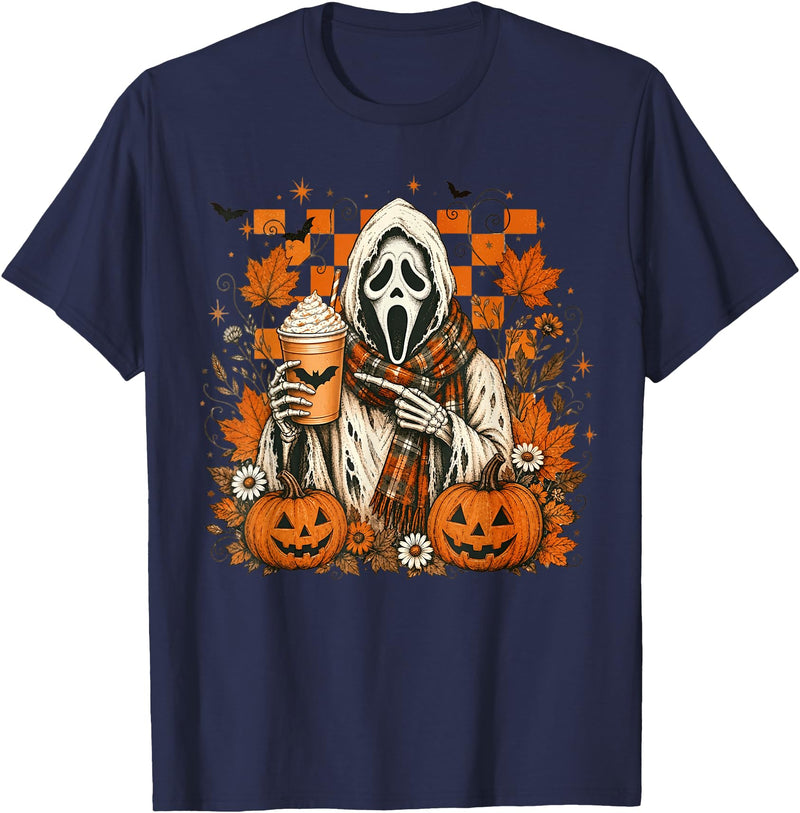 Halloween Pumpkin Ghost Autumn Leaves Graphic Cute Spooky Ghost Fall Halloween Coffee Latte Autumn Pumpkin T-Shirt - Navy