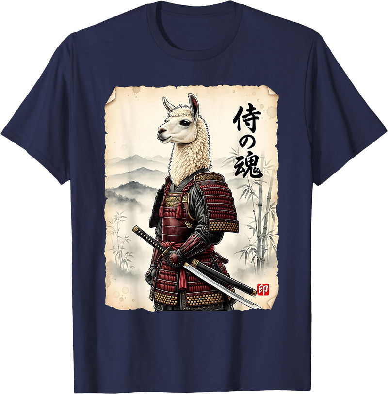 Vintage Samurai Alpaca Llama Japanese Art Tees Samurai Llama Japanese Art Vintage Alpaca Funny Animal T-Shirt - Navy Blue