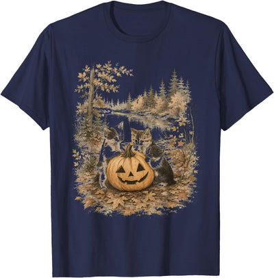 Vintage 90s Cats And Pumpkin Halloween Women Men Funny Retro 90s Kitten Black Cats and Pumpkin Halloween T-Shirt