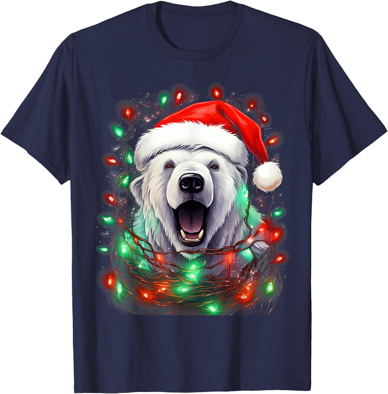 Polar Bear Christmas Costumes Xmas Polar Bear Tangled Christmas Lights T-Shirt - Navy Blue