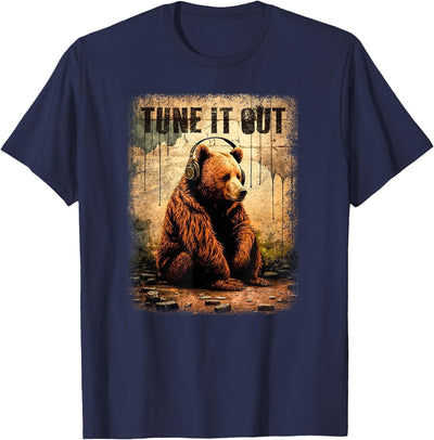 Tune It Out Brown Bear With Headphones Grizzly Music Noise T-Shirt