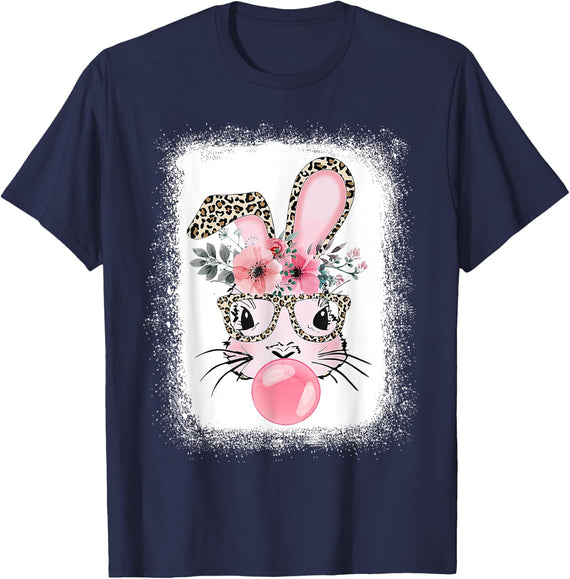Bleached Rabbit Bunny Blowing Bubble Gum Easter Day T-Shirt - Navy Blue