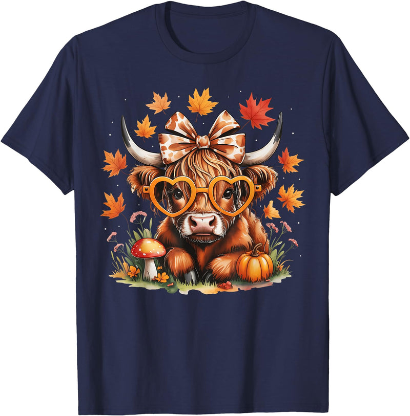 Fall Highland Cow Bow ThanksGiving Ades.shirt Fall Highland Cow Pumpkin Bow Thanksgiving Fall Girl Women T-Shirt - Navy Blue