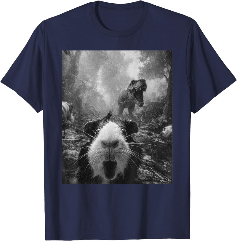 Vintage Cute Guinea Pig Bootleg Streetwear Graphic Funny Guinea Pig Selfie with T-Rex Dinosaur Dino Graphic T-Shirt - Navy Blue