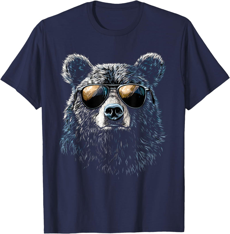 Forest Illustration Bear Art Nature Bear Wearing Sunglasses Wildlife Artwork Graphic Bear T-Shirt - Navy Blue