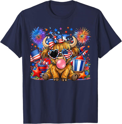 4th of July Highland Cow Patriotic Cow Farmer Kids T-Shirt