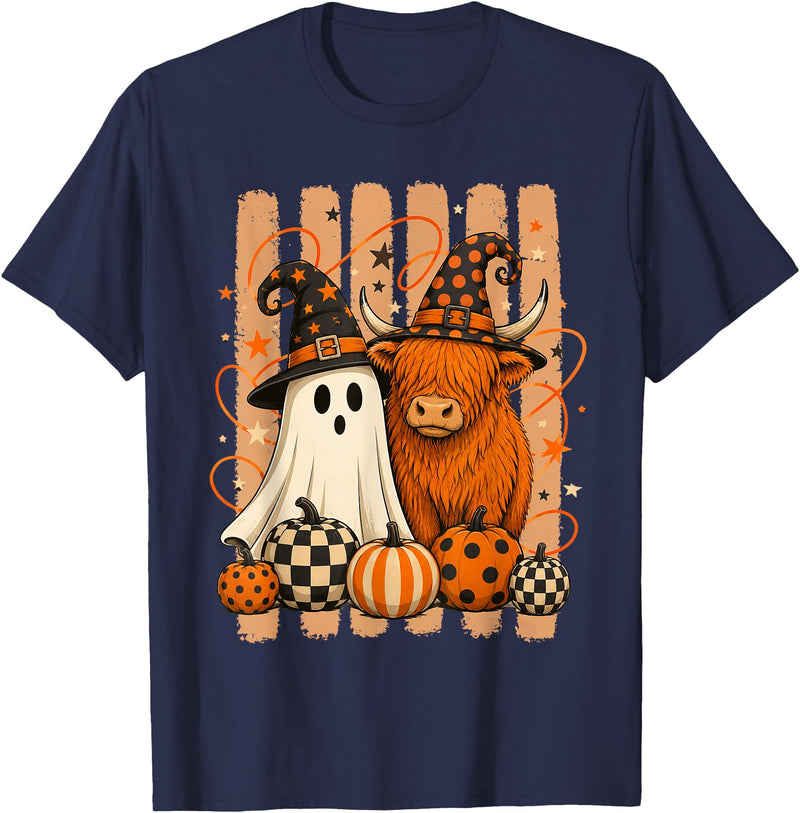 Spooky Highland Cow Heifer Funny Halloween Spooky Season T-Shirt - Navy Blue