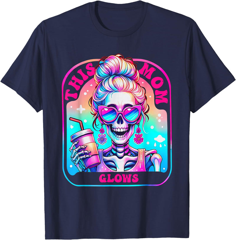 Glow Mom Apparel This Mom Glows Skeleton Mom Colorful Design T-Shirt - Navy Blue