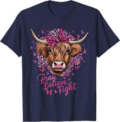 Women Highland Cow Pink Ribbon Breast Cancer Awareness T-Shirt