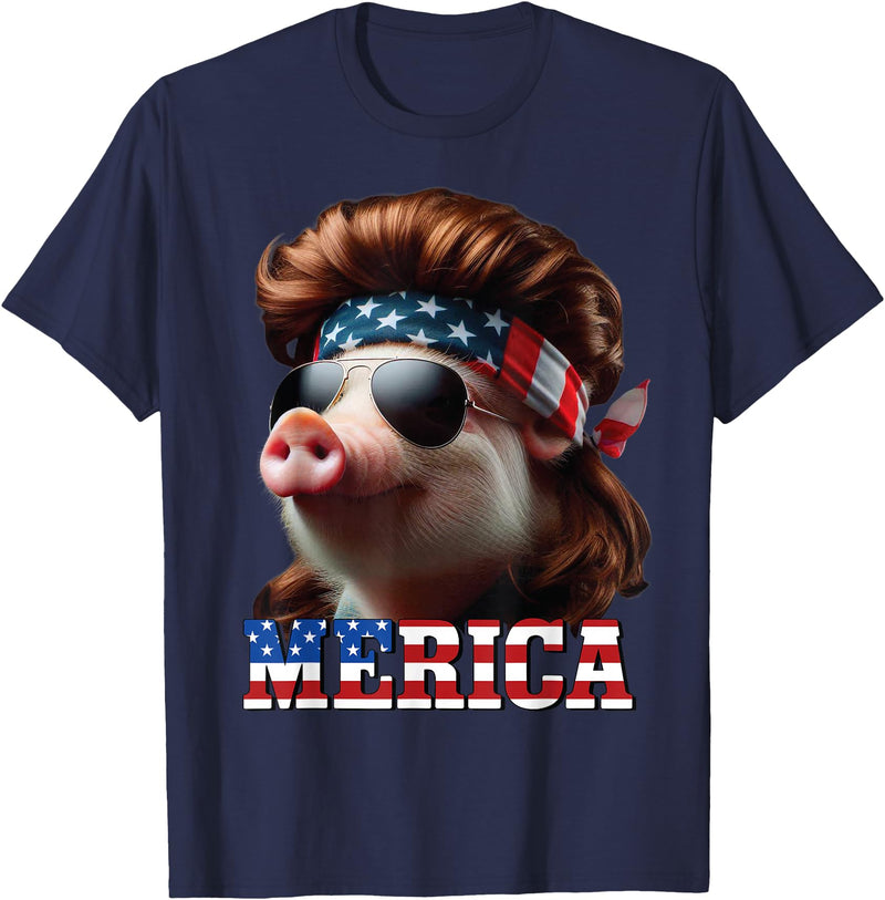 Funny Mullet Farm Pig Patriotic Pig Merica Mullet 4th of July And Father's Day Man Funny T-Shirt - Navy Blue