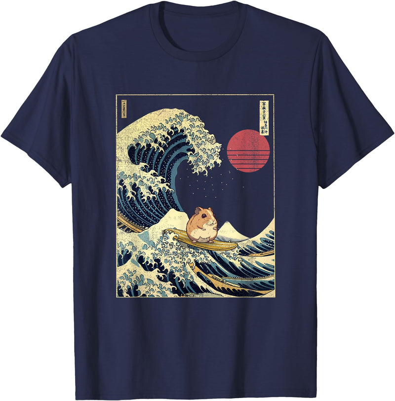 Hamster Kanagawa Wave Funny Surf Animal T-Shirt - Navy Blue